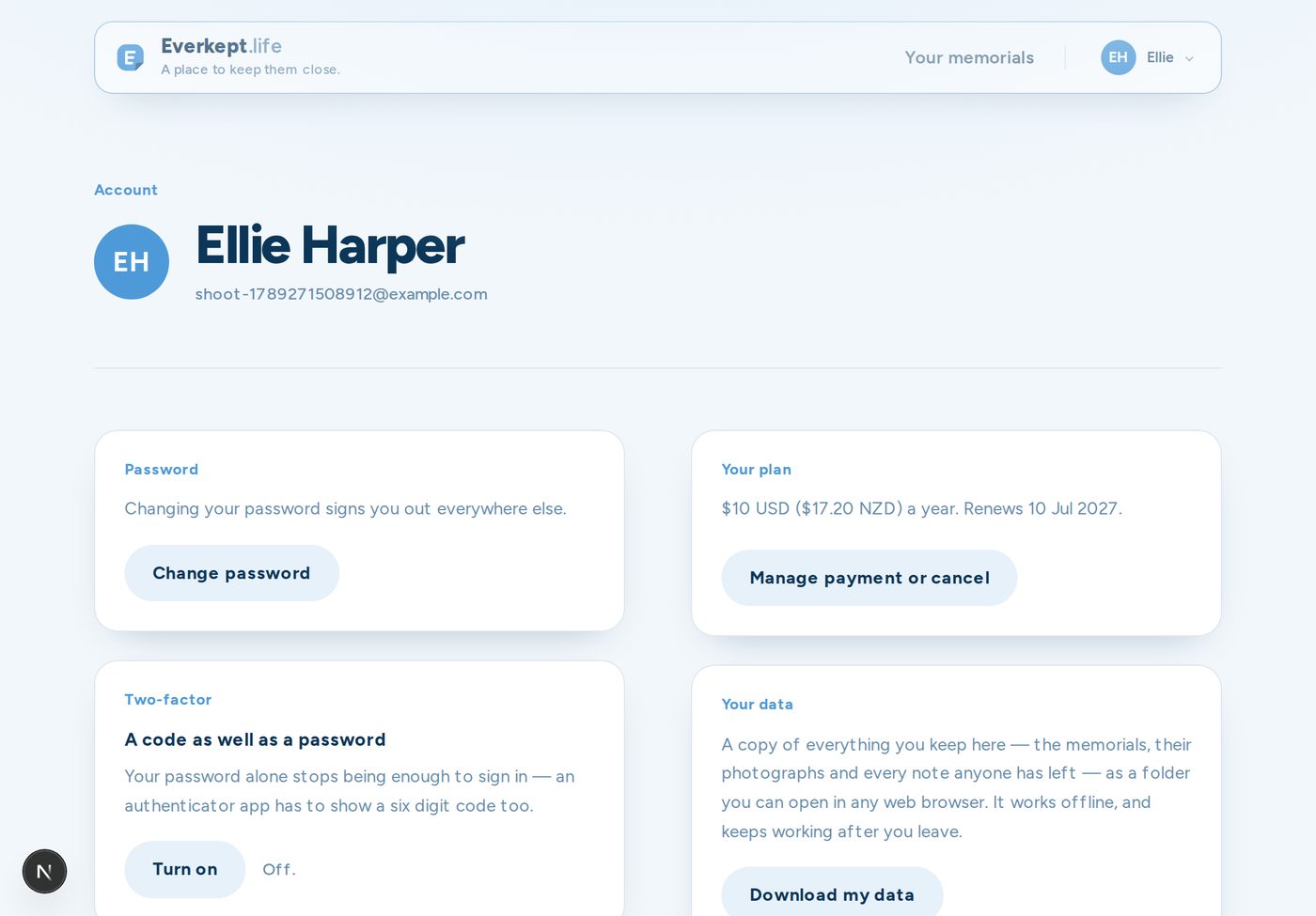 The account page
